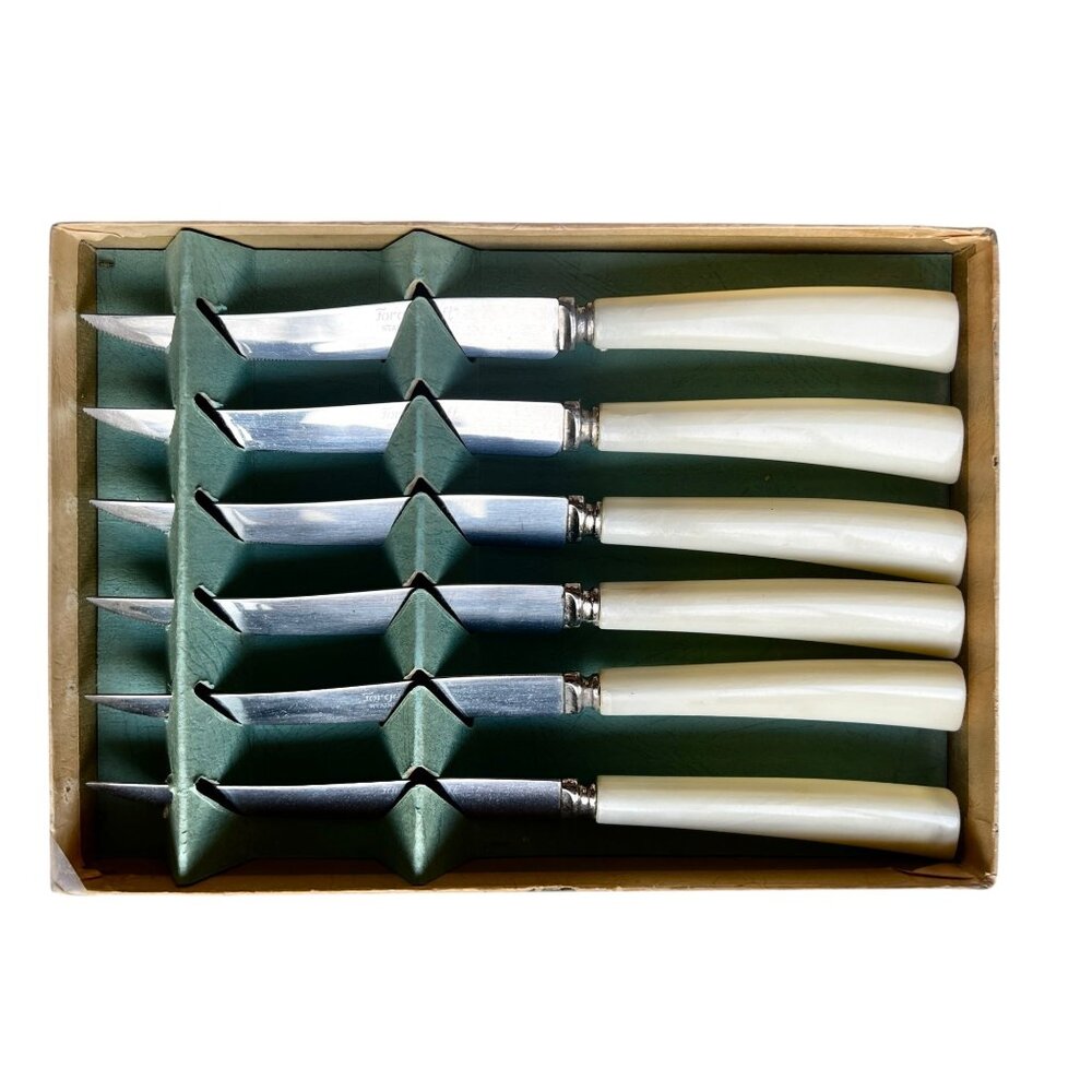 Forgecraft Genuine Stainless Steel Serrated Tip Steak Knife Set Of 6 With Pearli